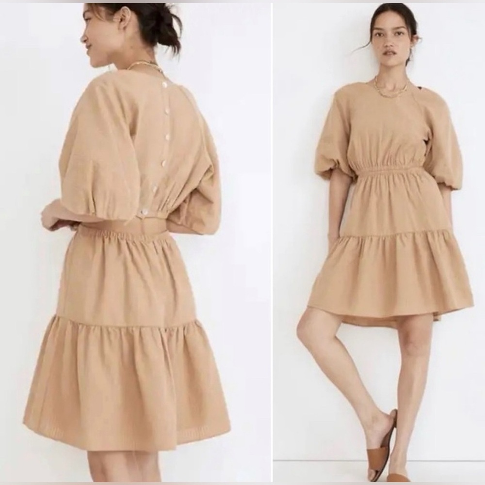 Madewell Seersucker Puff Sleeve Mini Dress with back cutout and buttons